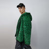 Hooded faux fur leopard jacket animal print bomber bright raver coat fluffy cheetah fleece festival puffer neon burning man overcoat green