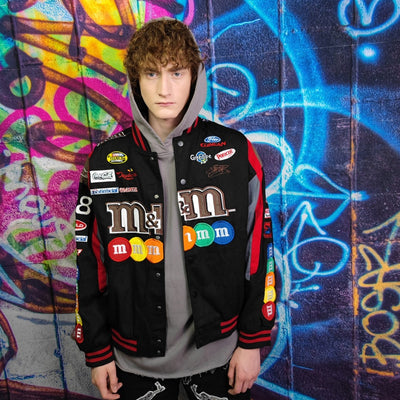 M&M candy motorcycle jacket patch Racer varsity vintage baseball denim letterman in black