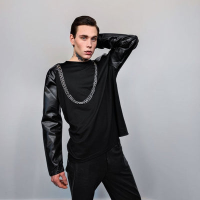 Faux leather sleeves sweatshirt chain attachment jumper Gothic pullover punk sweater utility top Yamamoto style tee going out top in black