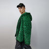 Hooded faux fur leopard jacket animal print bomber bright raver coat fluffy cheetah fleece festival puffer neon burning man overcoat green