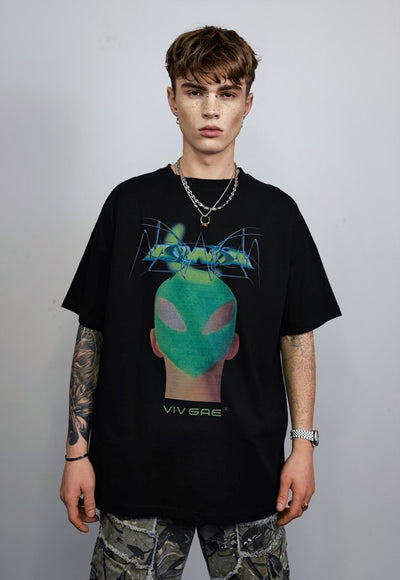 Raver print t-shirt techno tee futuristic cyber top in black