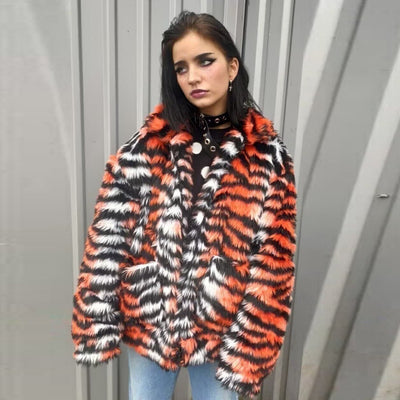 Faux fur tiger jacket zebra fleece tie-dye bomber in orange