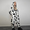 Cow coat faux fur spot pattern trench animal overcoat going out bomber detachable rave festival jacket rock and roll peacoat in white black