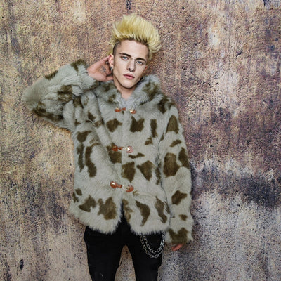 Faux fur cow coat fluffy cowhide trench jacket short shaggy animal print bomber festival varsity party fleece peacoat catwalk duffle brown