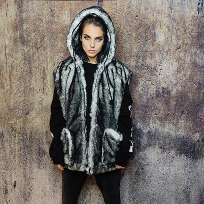 Faux fur luxury jacket handmade premium fleece jacket fluffy hooded coat grunge bomber tie-dye puffer in vintage acid grey