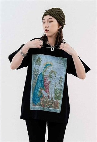 Baroque print t-shirt faded retro religion tee virgin top