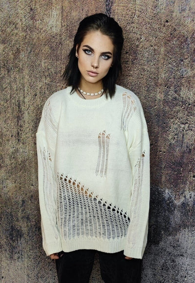 Transparent sweater ripped jumper sheer knitted top in cream