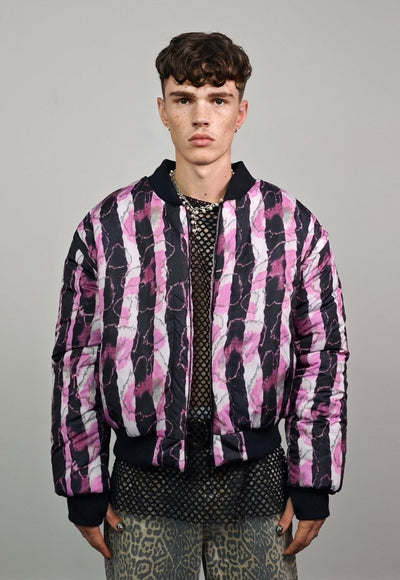 Vertical stripe varsity jacket pink black reversible bomber