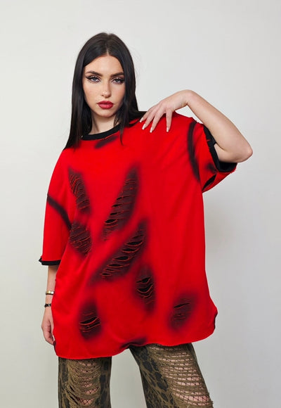 Ripped oversize t-shirt red double layer shredded grunge top