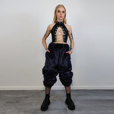 Luxury faux fur joggers luminous raver pants fluffy punk trousers skiing fleece shaggy overalls festival bottoms burning man pants in blue