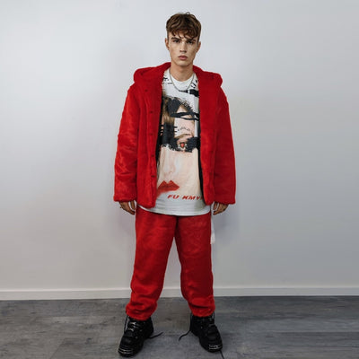 Red faux fur joggers winter raver pants fluffy skiing trousers mountain fleece overalls festival bottoms burning man pants