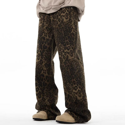 Leopard jeans animal print denim trouser high waist cheetah pants flared tiger pants in brown