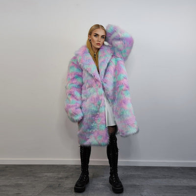 Candy faux fur long coat unicorn trench neon raver bomber fluffy tie-dye fleece psychedelic festival jacket burning man going out coat pink