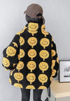 Emoji fleece jacket faux fur smile print bomber in black