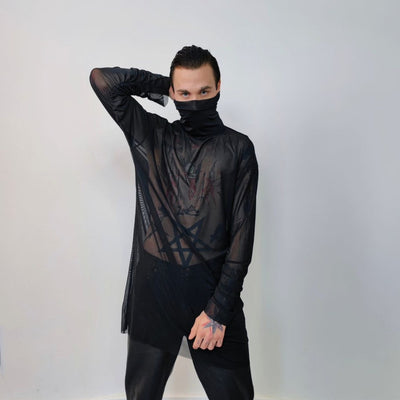 Transparent turtleneck top sheer raised neck sweatshirt see-through punk jumper thin mesh going out party t-shirt catwalk tee in black