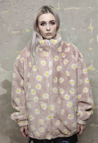 Floral fleece bomber handmade daisy jacket in pastel pink