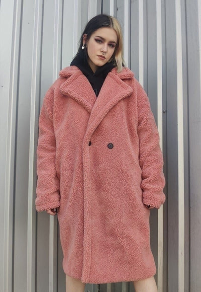 Fleece trench jacket in pastel pink fluffy mac coat in pink