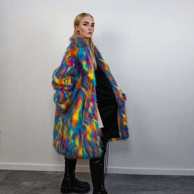 Faux fur long psychedelic coat 70s trench neon raver bomber fluffy tie-dye fleece disco festival jacket burning man going out coat blue pink