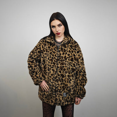 Animal print fleece jacket brown leopard coat zip up cheetah bomber wild cat overcoat fluffy jaguar festival jacket bobcat jumper