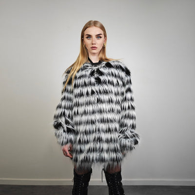 Shaggy faux fur jacket black white detachable hood striped collarless coat zebra bomber rave fleece festival pullover burning man overcoat