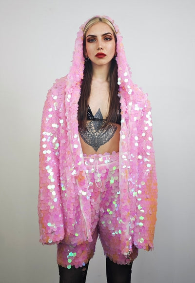 Pink sequin jacket hooded mermaid bomber holographic