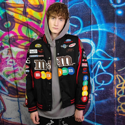 M&M candy motorcycle jacket patch Racer varsity vintage baseball denim letterman in black