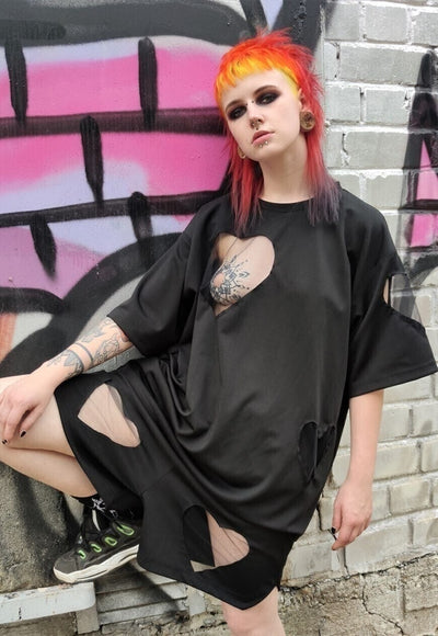 Heart cut-out t-shirt handmade transparent mesh tee black