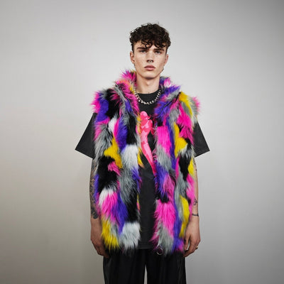 Patch faux fur jacket raised neck coat bright raver bomber fluffy rainbow fleece bright festival track jacket burning man overcoat pink grey