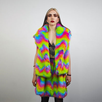 Rainbow faux fur skirt crop striped shorts festival zigzag skater skirt furry set carnival costume party pants psycho wide rave gown pink