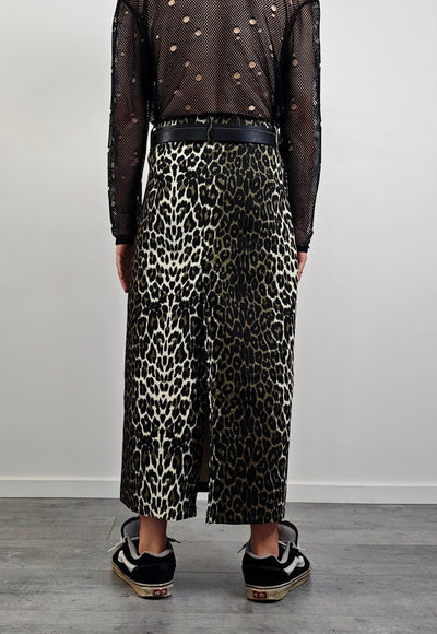 Leopard maxi denim skirt split back animal print bottoms