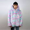 Hooded candy faux fur jacket unicorn bomber neon raver puffer fluffy tie-dye fleece psychedelic festival coat burning man party trench pink