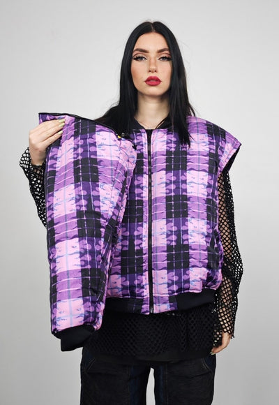 Tartan check varsity jacket purple flame reversible bomber