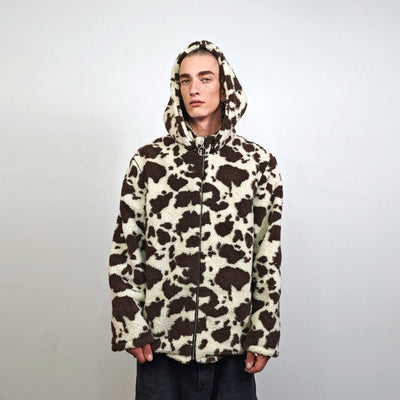 Fleece track jacket cow bomber detachable hood animal print tracksuit brown festival coat furry overcoat spot pattern pullover Dalmatian top