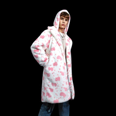 Cow print long coat hooded spot trench fluffy rave bomber detachable fleece festival removable sleeves burning man jacket pastel pink