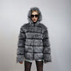 Striped fox fur jacket hooded grey shaggy mink coat fuzzy going out bomber mountain party fleece fancy dress fluffy peacoat rocker overcoat