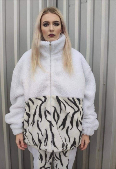 Grunge fleece bomber handmade Gothic zebra jacket in white