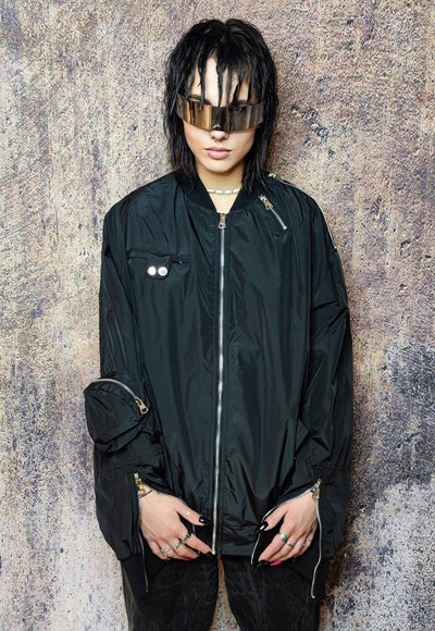 Gorpcore bomber utility jacket cargo pocket varsity in black