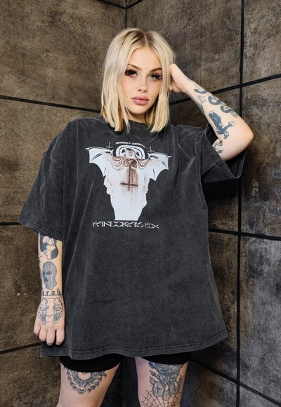 Gothic t-shirt premium vintage wash Jesus bat print tee grey