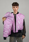 Pink snake varsity jacket Python print reversible bomber