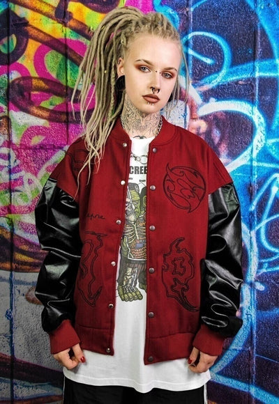 Grunge varsity jacket Gothic patch baseball bomber in red