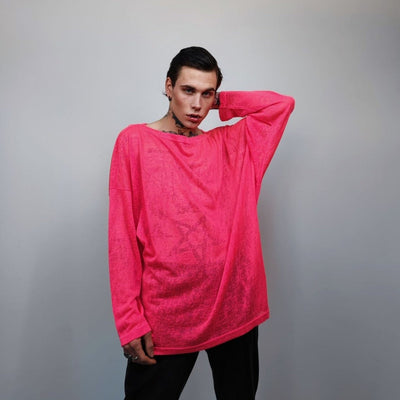 Deep V-neck sheer top revealing transparent sweatshirt cut out neck long sleeve see-through t-shirt rocker jumper edgy baggy tee in pink