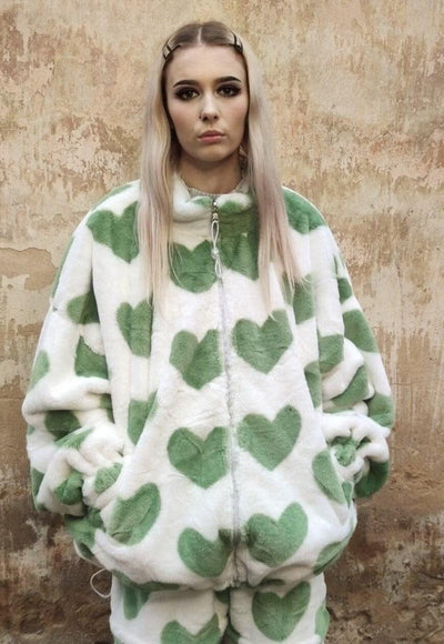 Heart fleece bomber handmade fluffy love jacket green cream