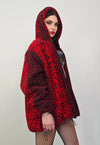 Leopard fleece red hooded bomber detachable sleeves jacket