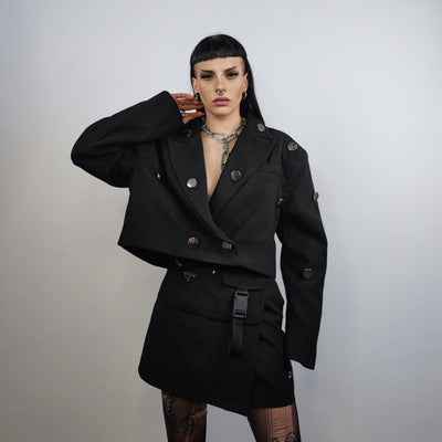 Cropped military jacket navy bomber metal patchwork army varsity utility biker jacket gorpcore short punk coat in black