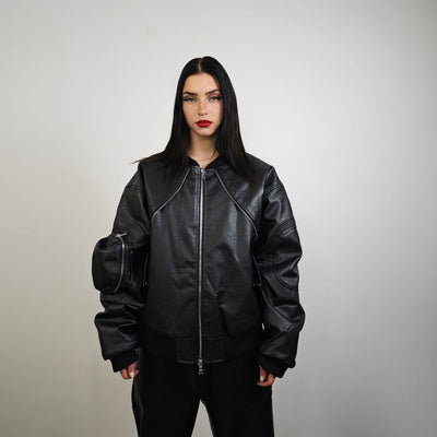 Faux leather varsity hip-hop college bomber PU grunge coat 90s punk rocker windbreaker big pocket going out rapper MA1 black