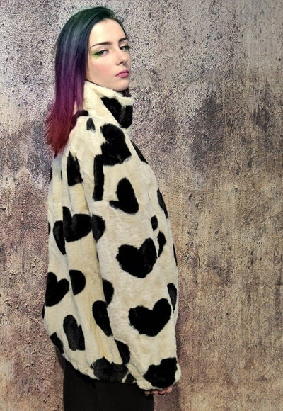 Faux fur heart coat retro fluffy fleece grunge bomber cream