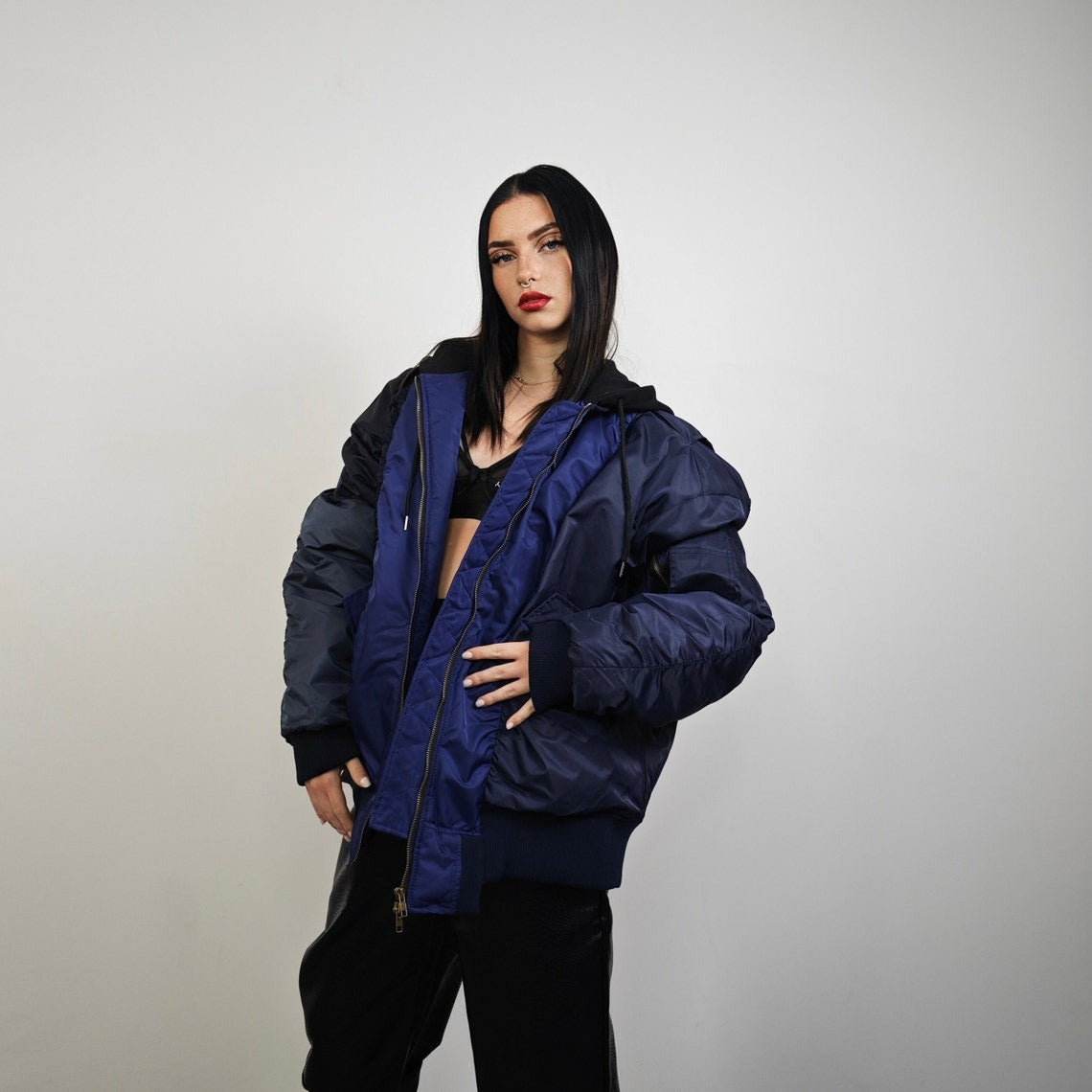 Hooded oversize bomber jacket blue colour block baggy utility MA1 90s Dark Harvest