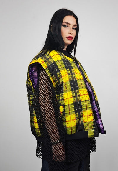 Tartan check varsity jacket yellow flame reversible bomber