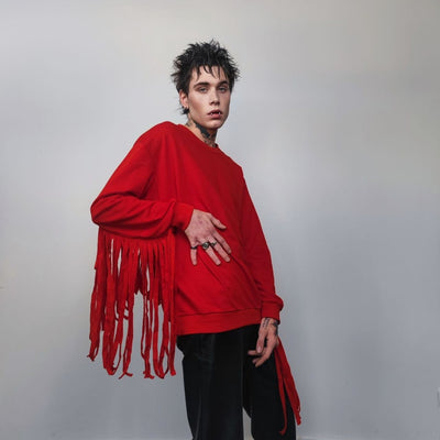 Cowboy sweatshirt tassels jumper Wild West top boho catwalk top going out long sleeve gothic sweat fancy dress sweater in red