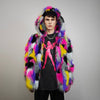 Patch faux fur jacket raised neck coat bright raver bomber fluffy rainbow fleece bright festival track jacket burning man overcoat pink grey